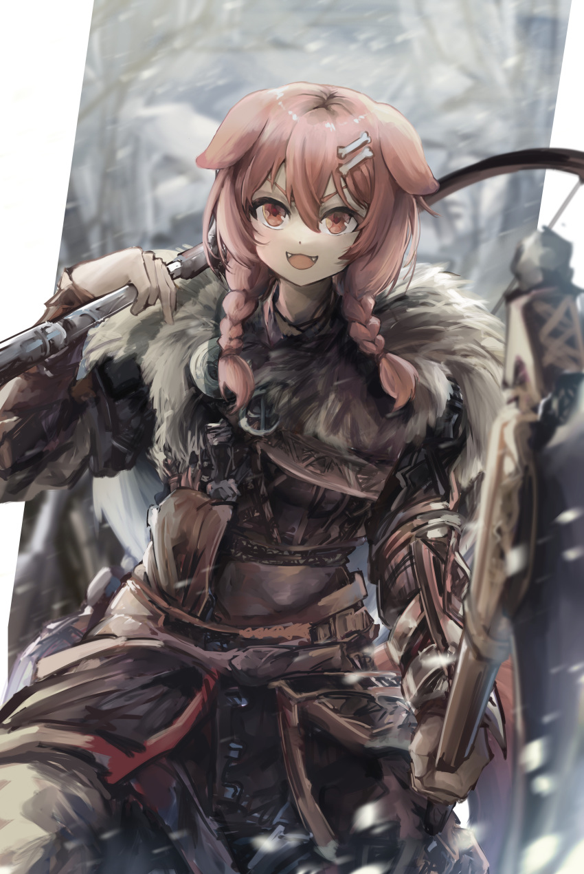1girl absurdres animal_ears armor assassin's_creed_(series) axe bone_hair_ornament bow_(weapon) braid brown_eyes brown_hair dog_ears dog_girl fur hair_between_eyes hair_ornament highres holding holding_weapon hololive inugami_korone leather_armor long_hair looking_at_viewer open_mouth snow solo twin_braids virtual_youtuber vyragami weapon