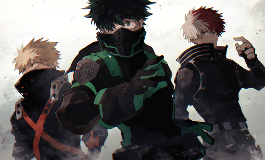 3boys bangs black_gloves blonde_hair commentary fingerless_gloves gloves green_gloves green_hair highres looking_at_viewer multiple_boys redhead ryo_(piggerworld) short_hair