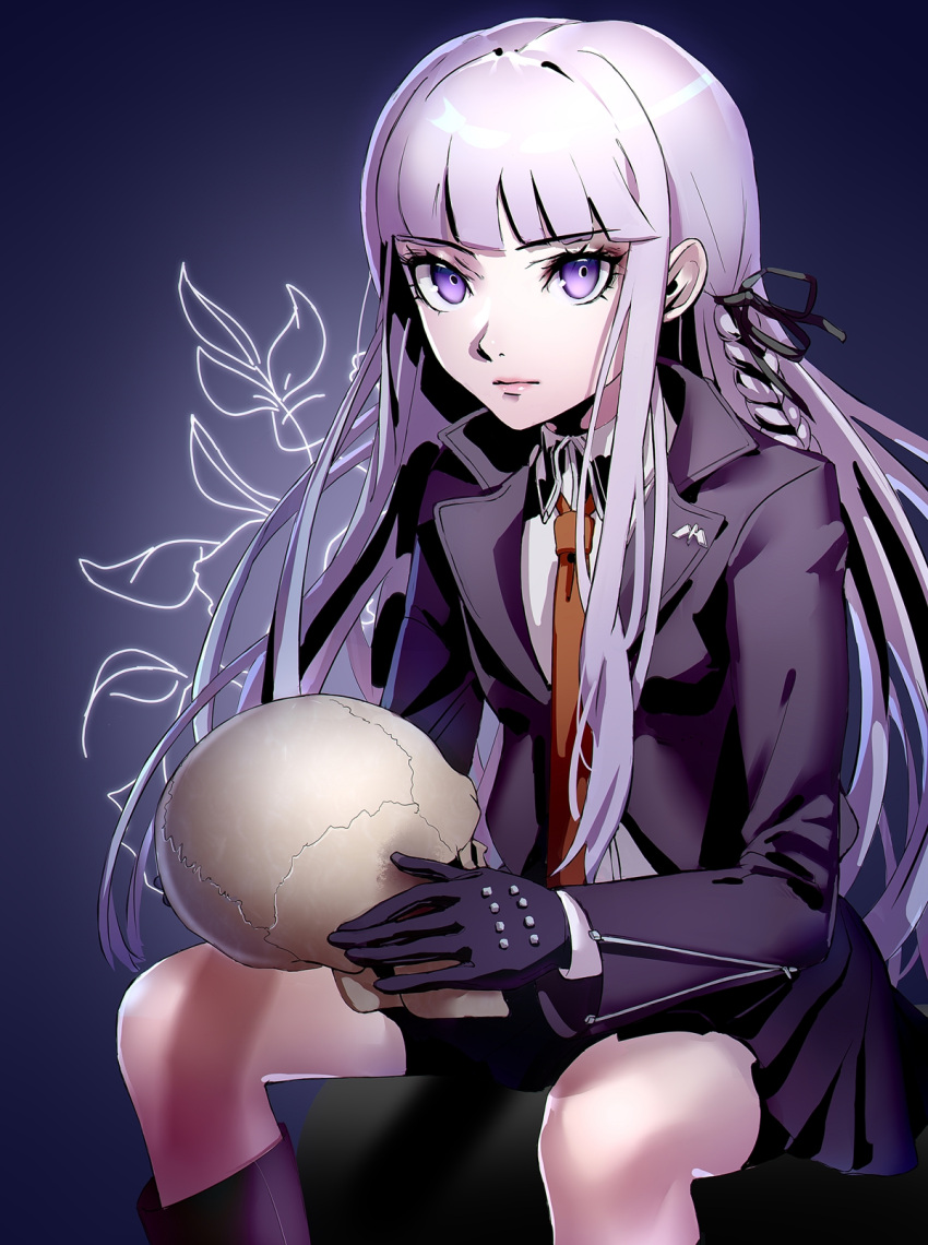 1girl braid dangan_ronpa dangan_ronpa_1 datcravat gloves gradient gradient_background highres holding holding_skull jacket kirigiri_kyouko long_hair looking_at_viewer necktie orange_neckwear purple_hair purple_jacket purple_skirt side_braid sitting skirt skull solo violet_eyes