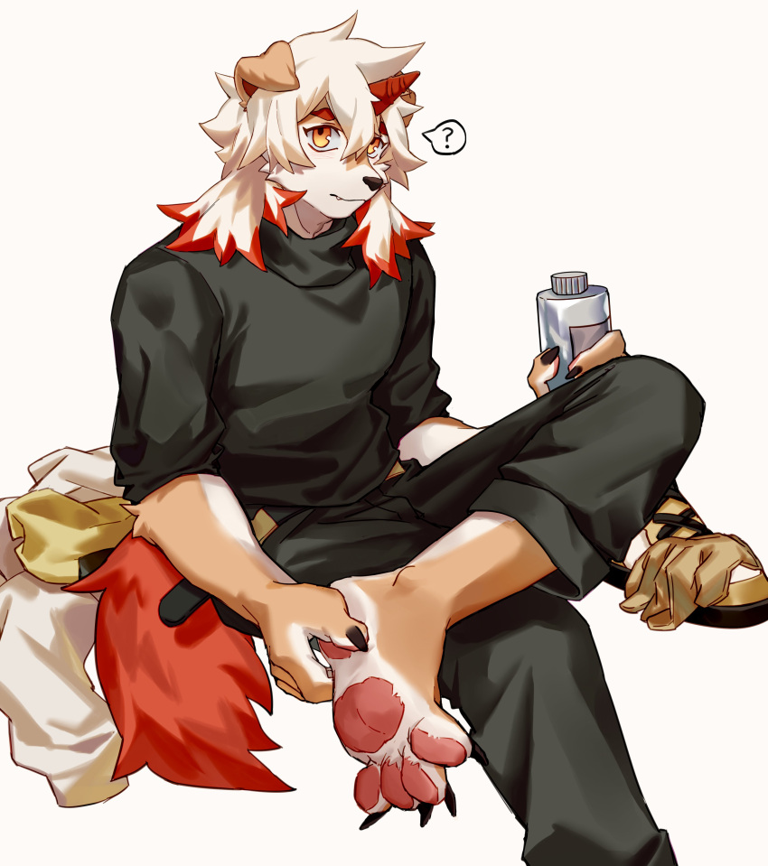 1boy ? absurdres alternate_costume animal_ears arknights bangs black_pants black_shirt black_tank_top brown_fur casual dog_boy dog_ears dog_tail fingernails furry highres horns hung_(arknights) kitai_su leg_up looking_at_viewer male_focus medium_hair multicolored_hair orange_eyes orange_hair pants pectorals sharp_fingernails sharp_toenails shirt single_horn solo spoken_question_mark streaked_hair tail tank_top toenails two-tone_fur white_fur white_hair