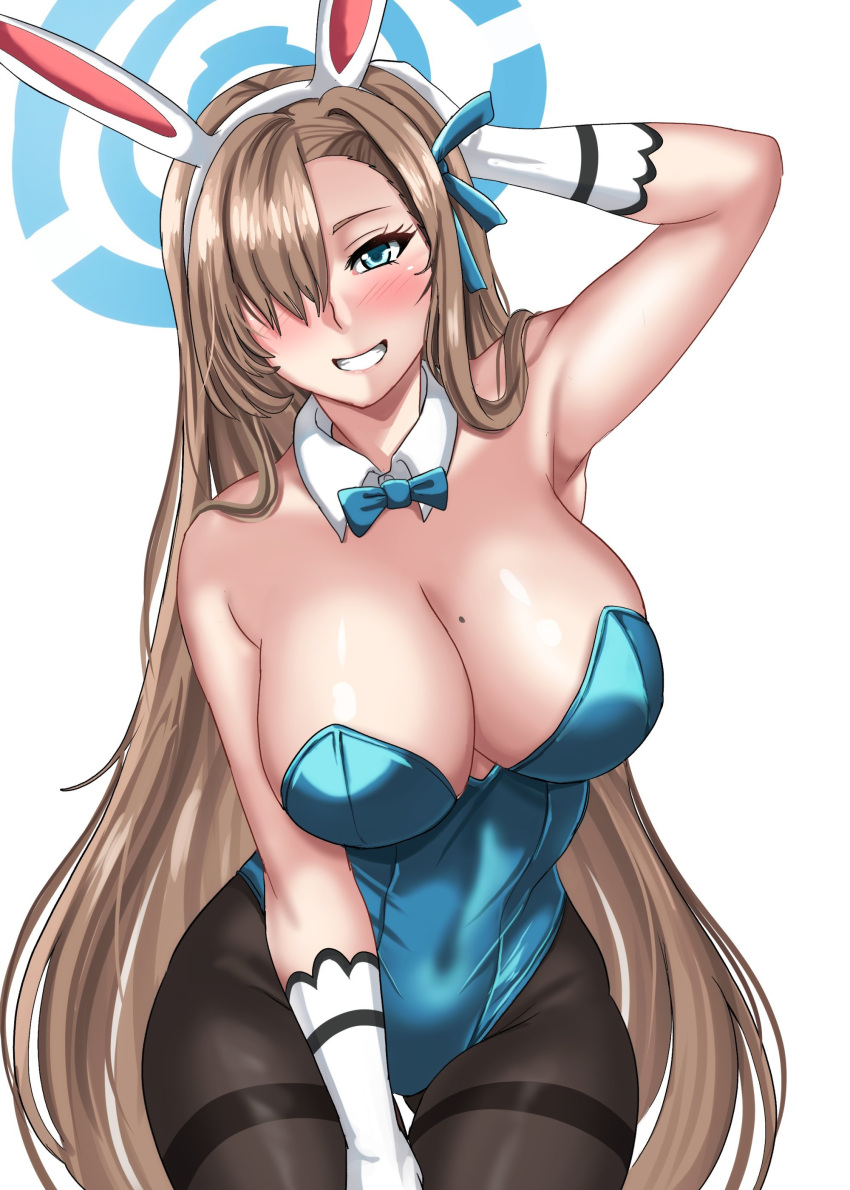 1girl absurdres animal_ears arm_up armpits asuna_(blue_archive) bare_shoulders black_legwear blue_archive blue_bow blue_bowtie blue_eyes blue_leotard blue_ribbon blush bow bowtie breasts brown_hair covered_navel detached_collar drie gloves hair_over_one_eye hair_ribbon highres leotard long_hair mole mole_on_breast pantyhose parted_lips rabbit_ears ribbon simple_background smile solo very_long_hair white_background white_gloves