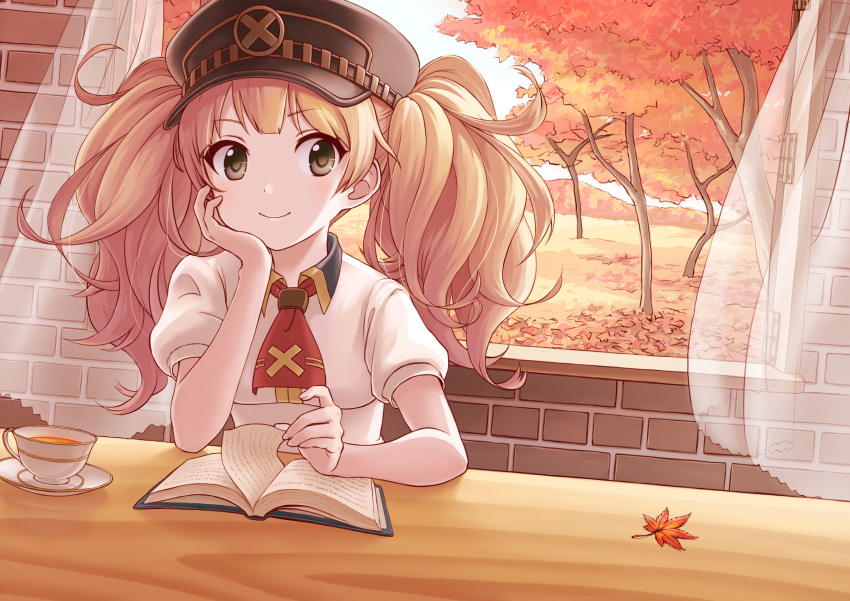 1girl absurdres arm_support ascot autumn autumn_leaves blonde_hair book bow bowtie brick_wall brown_eyes commentary_request cup curtains elbow_rest eyebrows_visible_through_hair fan hand_on_own_cheek hat highres leaf leaning looking_to_the_side maple_leaf monika_weisswind nakahima orange_theme princess_connect! princess_connect!_re:dive saucer short_sleeves short_twintails sitting smile solo table teacup tree twintails window