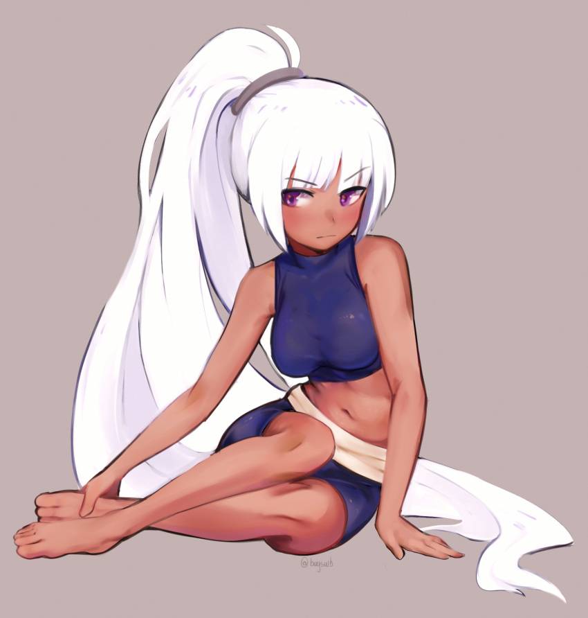 1girl b_wb barefoot bike_shorts blush crop_top dark_skin hand_on_own_foot highres long_hair navel original ponytail sash serious sitting stomach very_long_hair violet_eyes white_hair