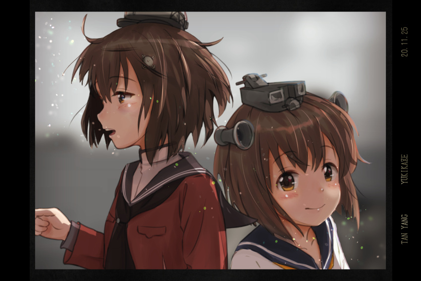 2girls blue_sailor_collar blush brown_eyes brown_hair brown_neckwear brown_sailor_collar character_name closed_mouth dated dress dual_persona eyebrows_visible_through_hair hair_between_eyes hair_ornament highres kantai_collection long_sleeves multiple_girls neckerchief open_mouth red_shirt remodel_(kantai_collection) sailor_collar sailor_dress sailor_shirt shiki_no_miko shirt short_hair smile tan_yang_(kantai_collection) white_dress yellow_neckwear yukikaze_(kantai_collection)