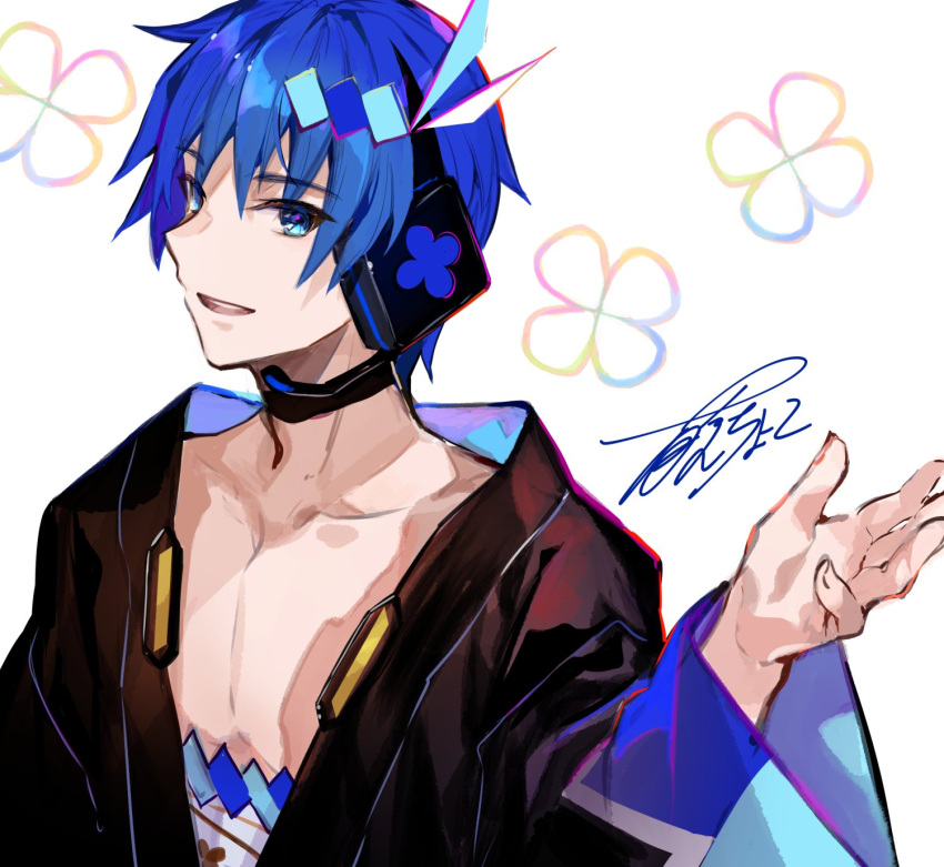 1boy black_robe blue_eyes blue_hair cherry_blossom_print commentary floral_print fuzichoco headphones highres japanese_clothes kaito looking_at_viewer magical_mirai_(vocaloid) male_focus open_clothes open_robe robe sarashi signature smile vocaloid white_background