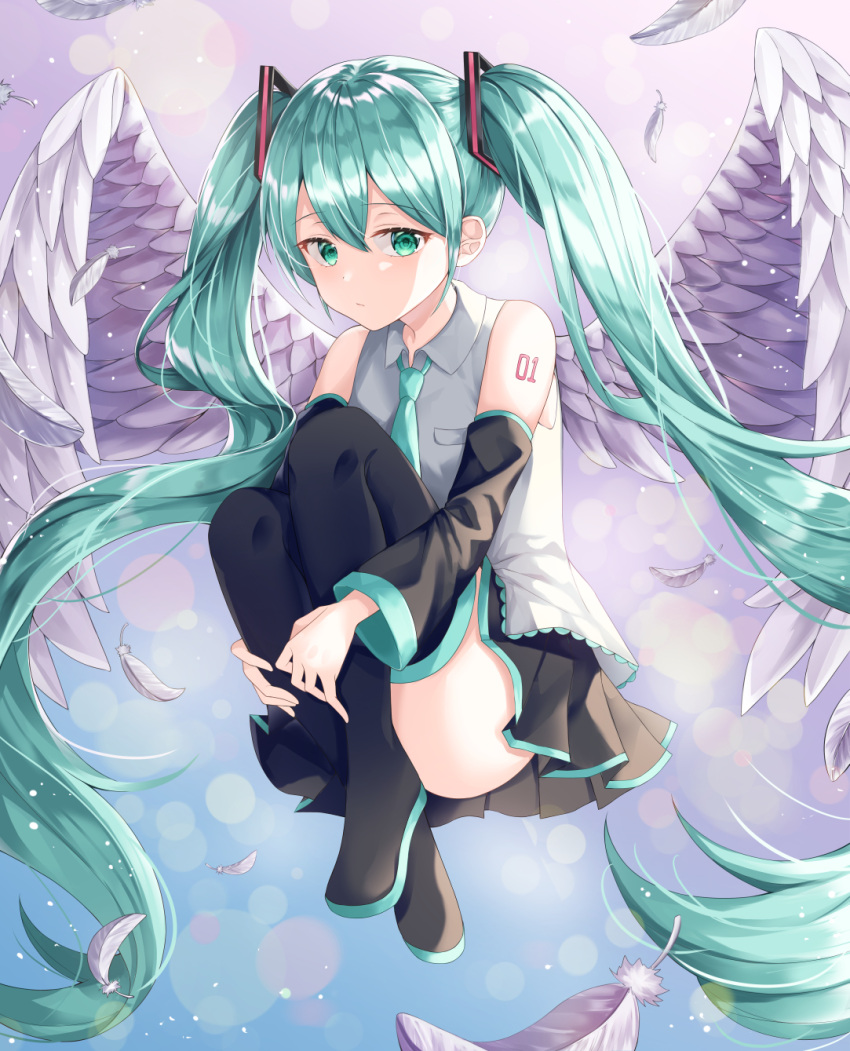1girl aqua_eyes aqua_hair aqua_neckwear ass black_footwear black_skirt black_sleeves blue_background boots collared_shirt commentary detached_sleeves ekina_(1217) eyebrows_visible_through_hair eyelashes feathered_wings feathers floating full_body gradient gradient_background hair_between_eyes hair_ornament hatsune_miku highres leg_hug lens_flare long_hair looking_at_viewer necktie pleated_skirt purple_background shadow shiny shiny_skin shirt sidelocks skirt sleeveless sleeveless_shirt solo thigh-highs thigh_boots twintails very_long_hair vocaloid white_shirt wings