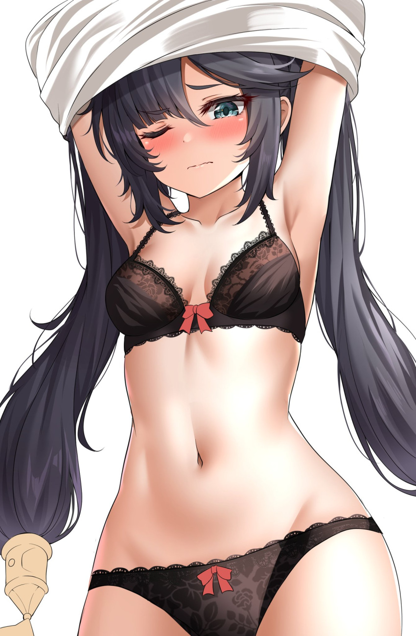 1girl armpits arms_up bangs black_bra black_hair black_panties blush bow bra breasts closed_mouth collarbone cowboy_shot floral_print genshin_impact hair_between_eyes hair_ornament highres lace lace_bra lace_panties long_hair medium_breasts messy_hair mona_(genshin_impact) navel one_eye_closed panties red_bow shirt shirt_removed sidelocks simple_background solo stomach sunhyun twintails underwear undressing white_background white_shirt
