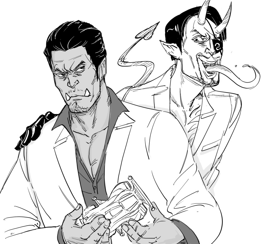 2boys :d bb_(baalbuddy) closed_mouth commentary dark_skin dark_skinned_male demon_boy demon_horns demon_tail english_commentary eyepatch facial_hair frown gloves goatee greyscale hand_on_another's_shoulder highres holding horns jacket kiryuu_kazuma long_sleeves long_tongue majima_gorou monochrome multiple_boys open_mouth orc popped_collar ryuu_ga_gotoku shirt short_hair simple_background smile stubble tail tongue tongue_out toy_car tusks white_background