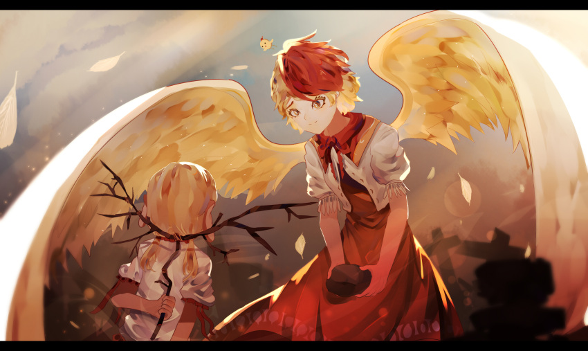 2girls arm_behind_back bird blonde_hair chick closed_mouth clouds cropped_shirt cross dress earlobes ebisu_eika english_commentary facing_away feathered_wings feathers feet_out_of_frame gradient_sky graveyard highres holding holding_rock holding_stick leaning_forward lens_flare light_rays looking_at_another multicolored_hair multiple_girls naufaldreamer niwatari_kutaka orange_dress puffy_short_sleeves puffy_sleeves red_neckwear red_ribbon redhead ribbon shirt short_hair short_sleeves sky smile standing stick touhou two-tone_hair upper_body white_shirt wings