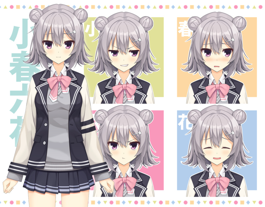 1girl ascot black_jacket black_skirt blazer blush closed_eyes commentary_request double_bun expression_chart expressions facing_viewer grey_hair grey_sweater grin hair_bun hair_ornament hairclip hokkana jacket koharu_rikka looking_at_viewer miniskirt pink_neckwear pleated_skirt pout school_uniform short_hair skirt smile sweater v-shaped_eyebrows violet_eyes voiceroid