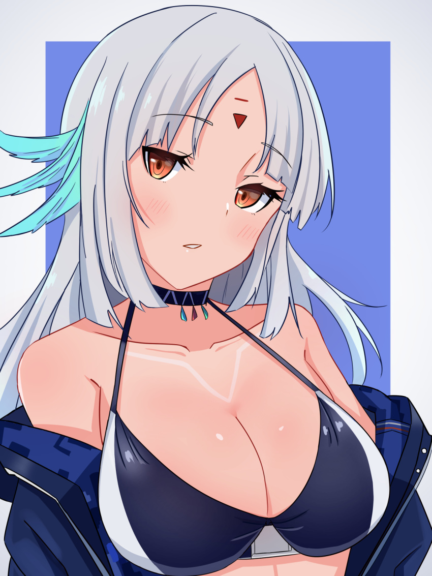 1girl azur_lane black_choker black_jacket body_markings breasts choker dark_skin dark-skinned_female eyebrows_visible_through_hair facial_mark feather_hair_ornament feathers forehead_mark hair_feathers highres jacket large_breasts massachusetts_(azur_lane) native_american off-shoulder_jacket open_clothes open_jacket open_mouth orange_eyes simple_background solo tyoge8 upper_body white_hair
