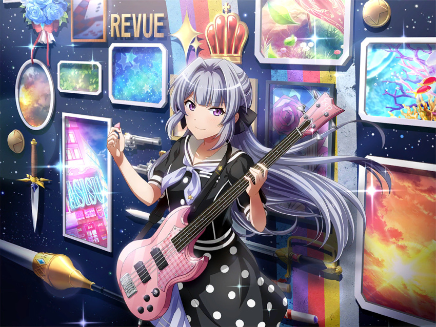 1girl dress grey_hair guitar long_hair shoujo_kageki_revue_starlight smile solo violet_eyes yukishiro_akira