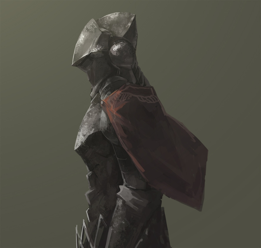 1other ambiguous_gender armor azomo breastplate cape from_side full_armor gauntlets grey_background helmet original profile red_cape simple_background