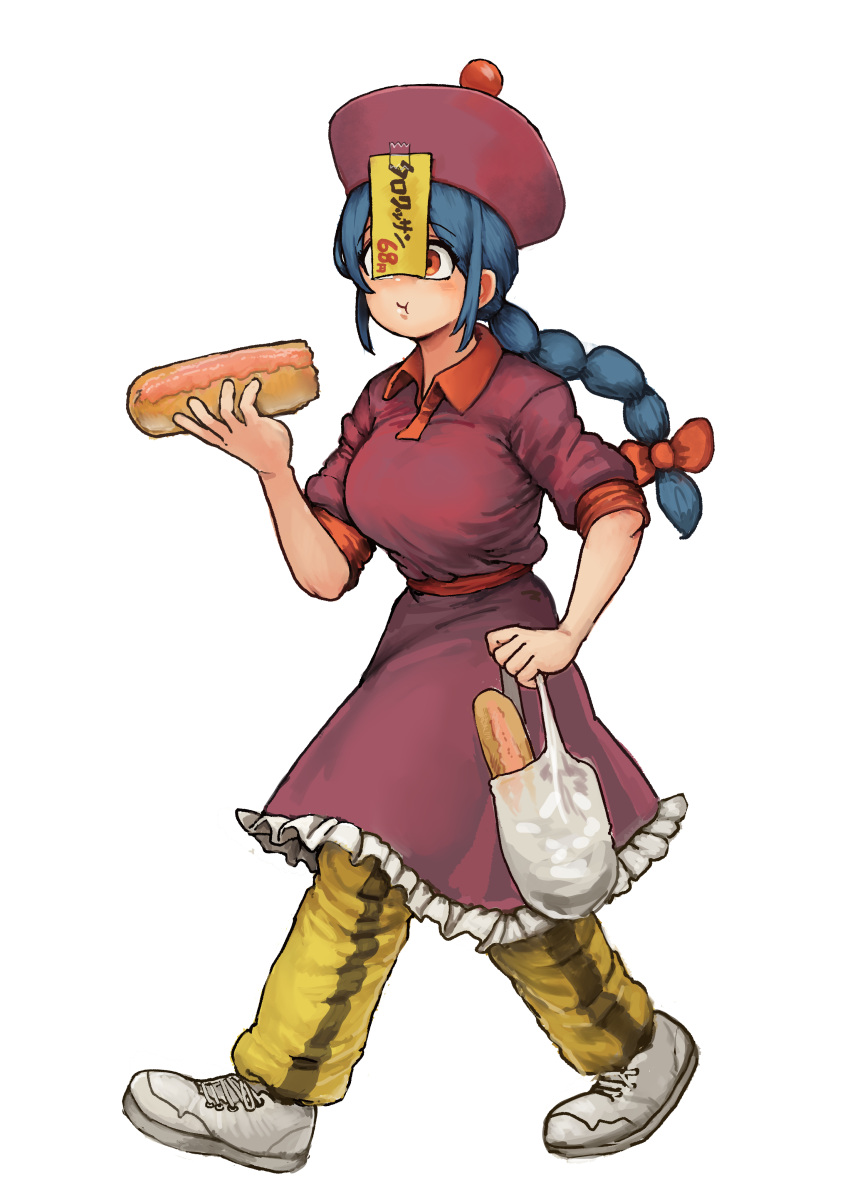 1girl :t absurdres bag blue_hair blush bow braid breasts chanta_(ayatakaoisii) closed_mouth dress eating elbow_sleeve food_request from_side full_body hair_bow hand_up hat highres holding holding_bag jiangshi jiangshi_(chanta) large_breasts long_hair looking_at_viewer ofuda_on_clothes original pants plastic_bag red_bow red_dress red_eyes red_headwear sash shoes simple_background solo standing translation_request walking white_background white_footwear yellow_pants