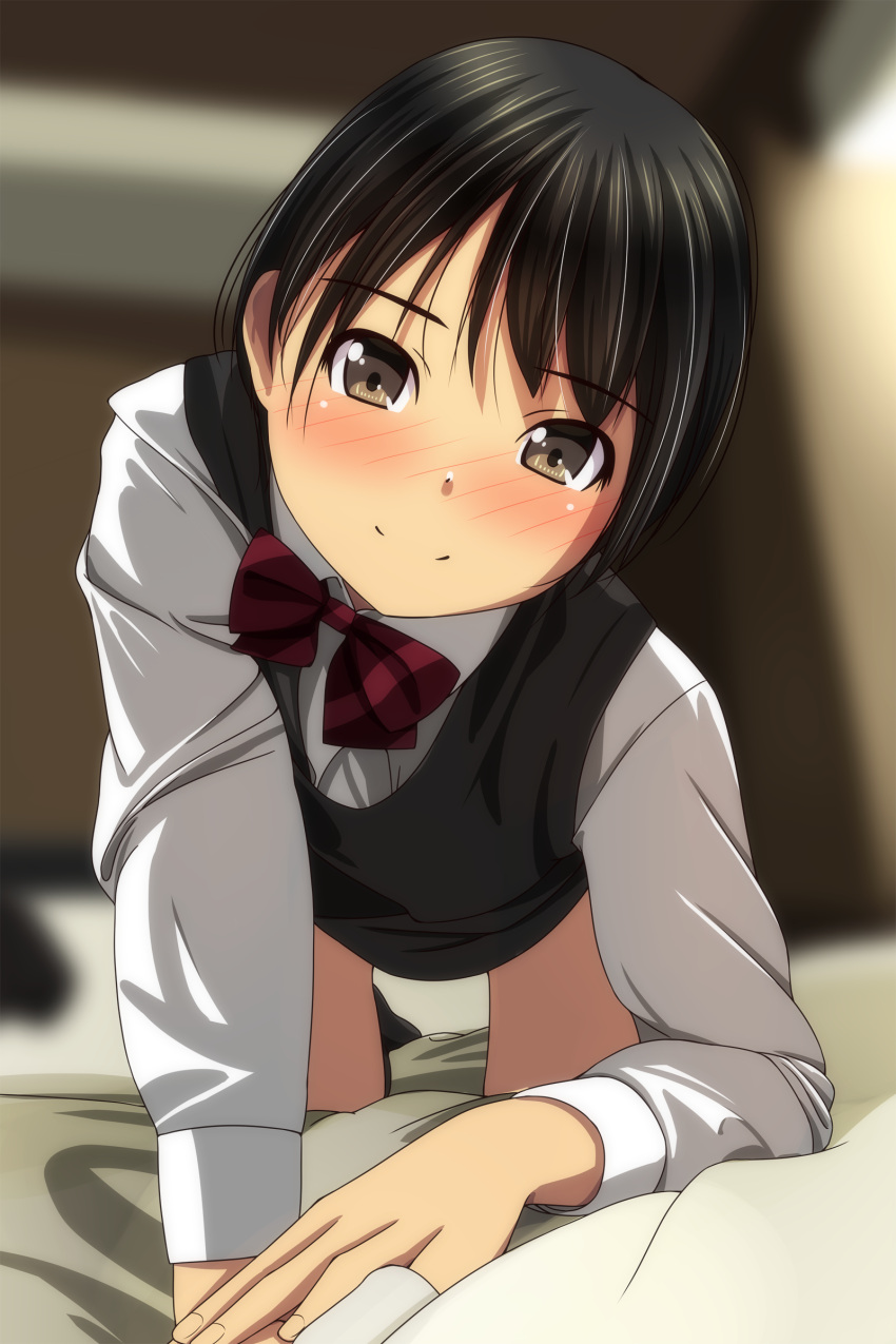 1girl absurdres all_fours bangs bed_sheet black_hair blurry blurry_background blush bow brown_eyes closed_mouth collared_shirt depth_of_field diagonal_stripes eyebrows_visible_through_hair head_tilt highres indoors long_sleeves looking_at_viewer matsunaga_kouyou nose_blush original red_bow school_uniform shirt smile solo striped striped_bow sweater_vest white_shirt