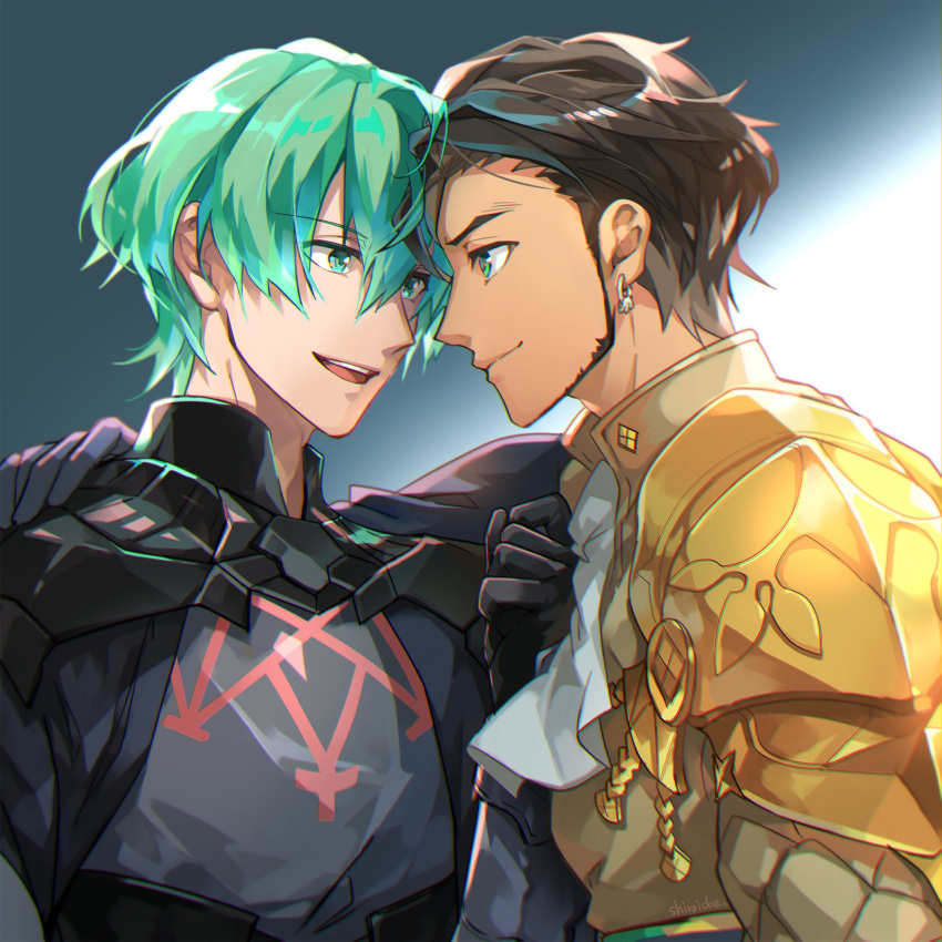 2boys :d aqua_eyes aqua_hair arm_around_shoulder armor bangs black_gloves brown_hair byleth_(fire_emblem) byleth_eisner_(male) cbe39373 claude_von_riegan closed_mouth cravat dark_skin dark_skinned_male earrings fire_emblem fire_emblem:_three_houses gloves gold_armor green_eyes grey_background hair_between_eyes highres jewelry long_sleeves looking_at_another male_focus multiple_boys open_mouth short_hair shoulder_armor sideburns smile two-tone_background upper_body white_background white_neckwear