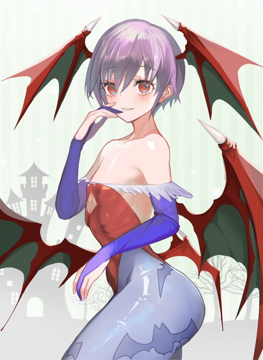 1girl animal_print bare_shoulders bat_print bat_wings blue_legwear bridal_gauntlets collarbone eyebrows_visible_through_hair flat_chest green_background hair_between_eyes head_wings highres lilith_aensland looking_at_viewer pantyhose pupps purple_hair red_eyes short_hair smile solo striped vampire_(game) vertical_stripes wings