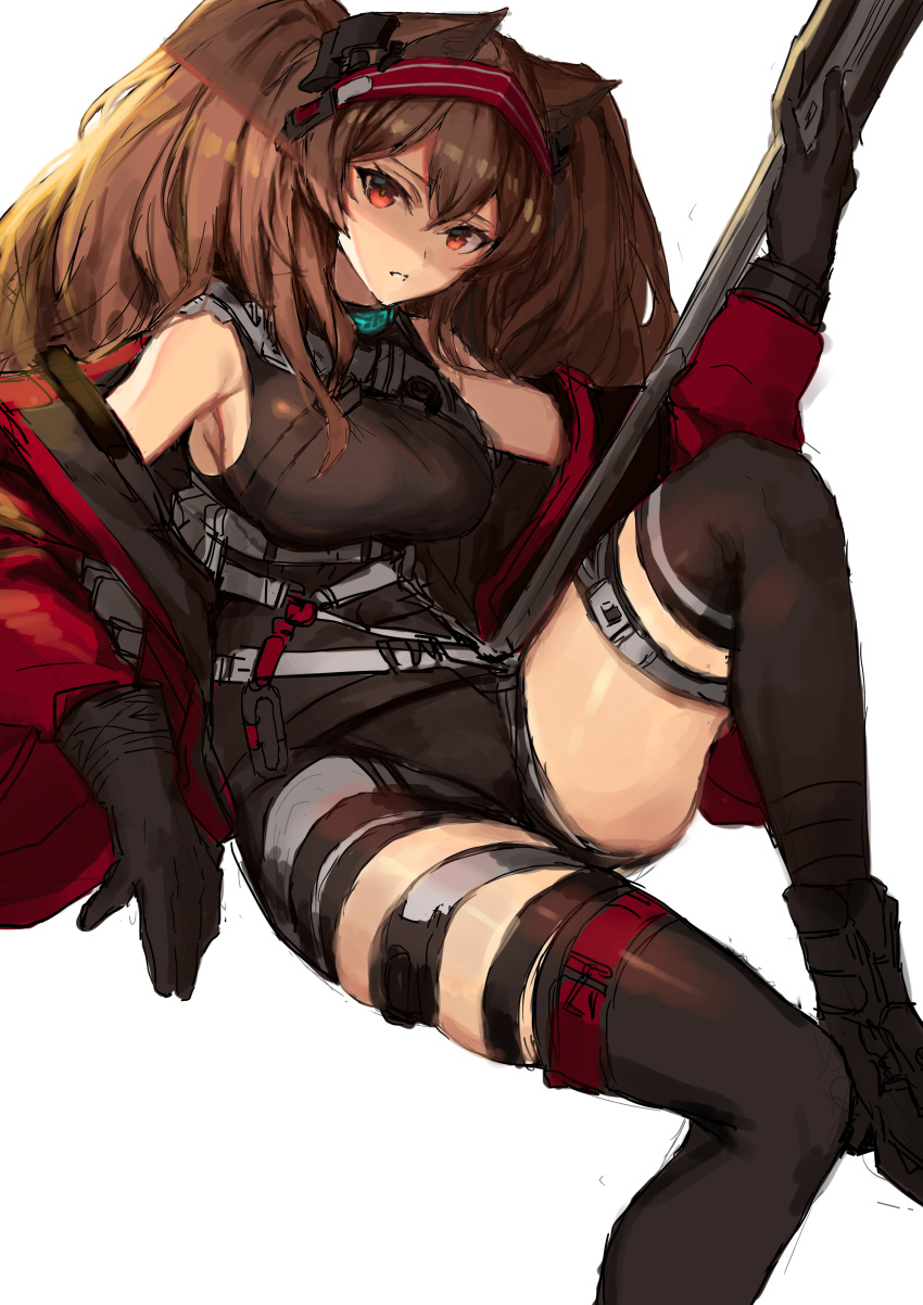 1girl absurdres angelina_(arknights) angelina_(quality_visitors)_(arknights) animal_ears arknights bangs bare_shoulders black_footwear boots brown_hair commentary fox_ears hair_between_eyes hairband highres jacket long_hair long_sleeves looking_at_viewer molyb off_shoulder open_clothes open_jacket red_eyes red_hairband red_jacket simple_background sitting solo staff thigh-highs thigh_strap thighs white_background