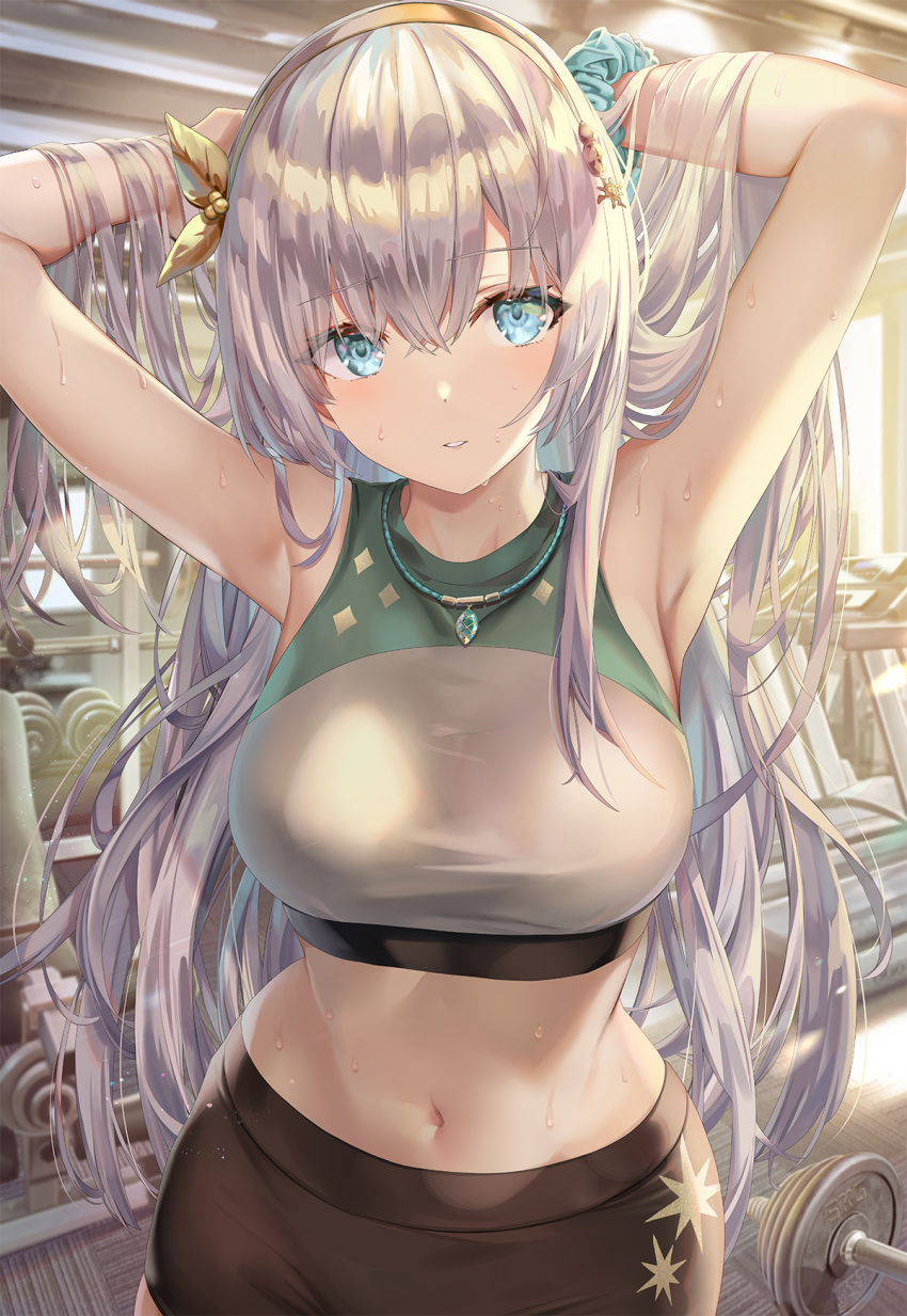 1girl anastasia_(fate) armpits arms_behind_head arms_up bare_arms bare_shoulders bike_shorts black_shorts blue_eyes breasts cowboy_shot crop_top dumbbell fate/grand_order fate_(series) hairband highres jewelry large_breasts long_hair looking_at_viewer midriff navel necklace parted_lips scrunchie shirt short_shorts shorts silver_hair sleeveless sleeveless_shirt solo stomach sweat torino_akua very_long_hair white_shirt wrist_scrunchie