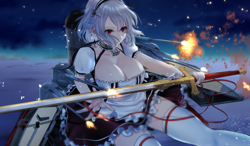 1girl anchor_choker artillery artist_request azur_lane breasts brown_skirt choker explosion frilled_choker frilled_skirt frills highres holding holding_sword holding_weapon lace-trimmed_hairband lace_trim large_breasts night red_eyes red_ribbon ribbon rigging short_hair sirius_(azur_lane) skirt solo sword thigh-highs water weapon white_hair white_legwear zettai_ryouiki