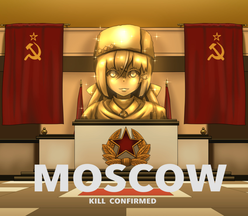 banner call_of_duty call_of_duty:_black_ops_cold_war english_text flag fur_hat hammer_and_sickle hat kantai_collection long_hair no_humans papakha star_(symbol) statue tashkent_(kantai_collection) tk8d32