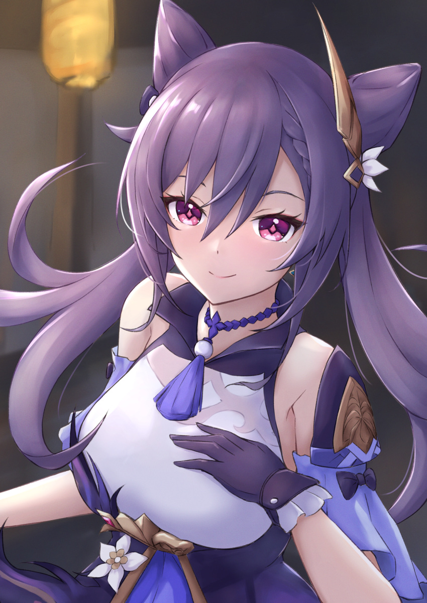 1girl bare_shoulders blush braid breasts detached_sleeves double_bun dress evanstan flower frilled_sleeves frills genshin_impact gloves hair_bun hair_ornament hand_on_own_chest highres keqing_(genshin_impact) looking_at_viewer medium_breasts purple_hair sleeveless sleeveless_dress smile symbol-shaped_pupils twintails upper_body violet_eyes