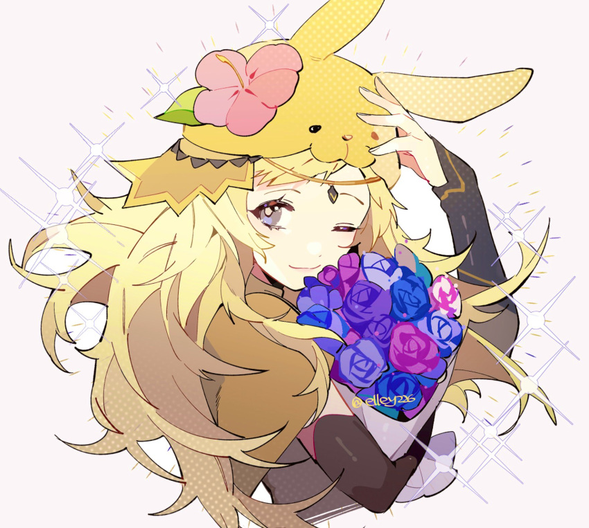 1girl animal_ears blonde_hair circlet closed_mouth elley226 fire_emblem fire_emblem_fates fire_emblem_heroes flower grey_eyes hair_flower hair_ornament hand_on_own_head highres in long_hair looking_at_viewer ophelia_(fire_emblem) rabbit_ears simple_background smile sparkle upper_body