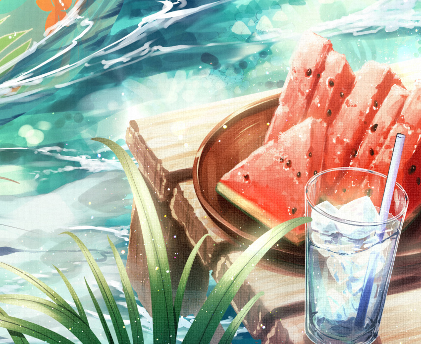 cluseller commentary cropped cup day drink drinking_glass drinking_straw food fruit highres ice ice_cube light_particles no_humans original outdoors pier plant plate still_life water watermelon watermelon_seeds watermelon_slice wood