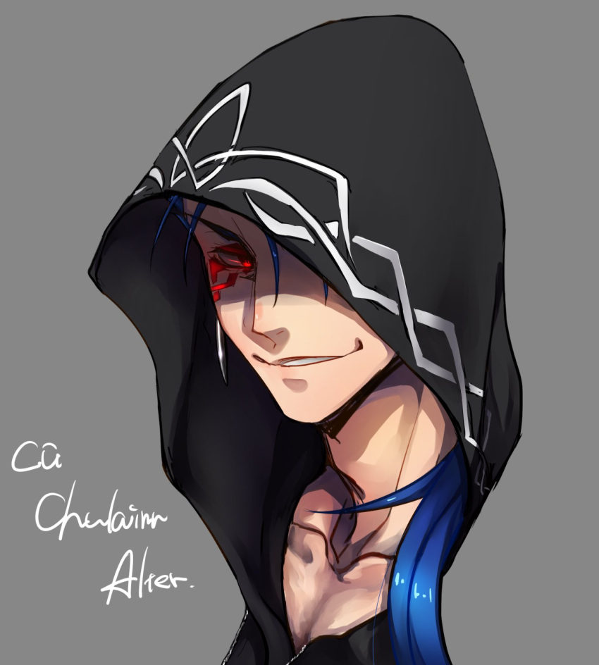 1boy black_hoodie blue_hair character_name collarbone cu_chulainn_(fate)_(all) cu_chulainn_alter_(fate/grand_order) earrings face facepaint fate/grand_order fate_(series) grey_background hair_strand highres hood hoodie jewelry kuroguro long_hair looking_at_viewer male_focus red_eyes simple_background smile solo