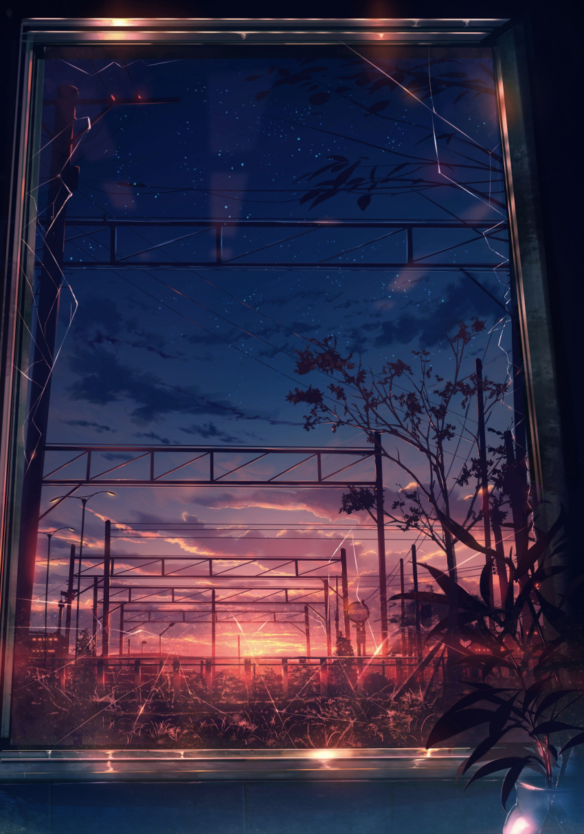 absurdres broken_glass broken_window building chinese_commentary city clouds commentary dark glass grass highres hill lamppost lens_flare nightgown no_humans original plant potted_plant railroad_tracks scenery sky skyrick9413 star_(sky) sunset tree window