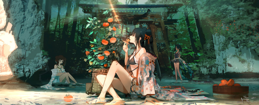 3girls absurdres bare_legs bare_shoulders barefoot basket bikini black_bikini black_hair black_swimsuit brown_hair crossed_legs double_bun eating fish food_request forest from_side gate highres holding japanese_clothes kimono kukka long_hair multiple_girls nature off-shoulder_kimono one-piece_swimsuit open_mouth original print_kimono profile red_eyes red_nails shallow_water shawl sitting smile soaking_feet standing swimsuit swimsuit_skirt toenail_polish toenails tree twintails water