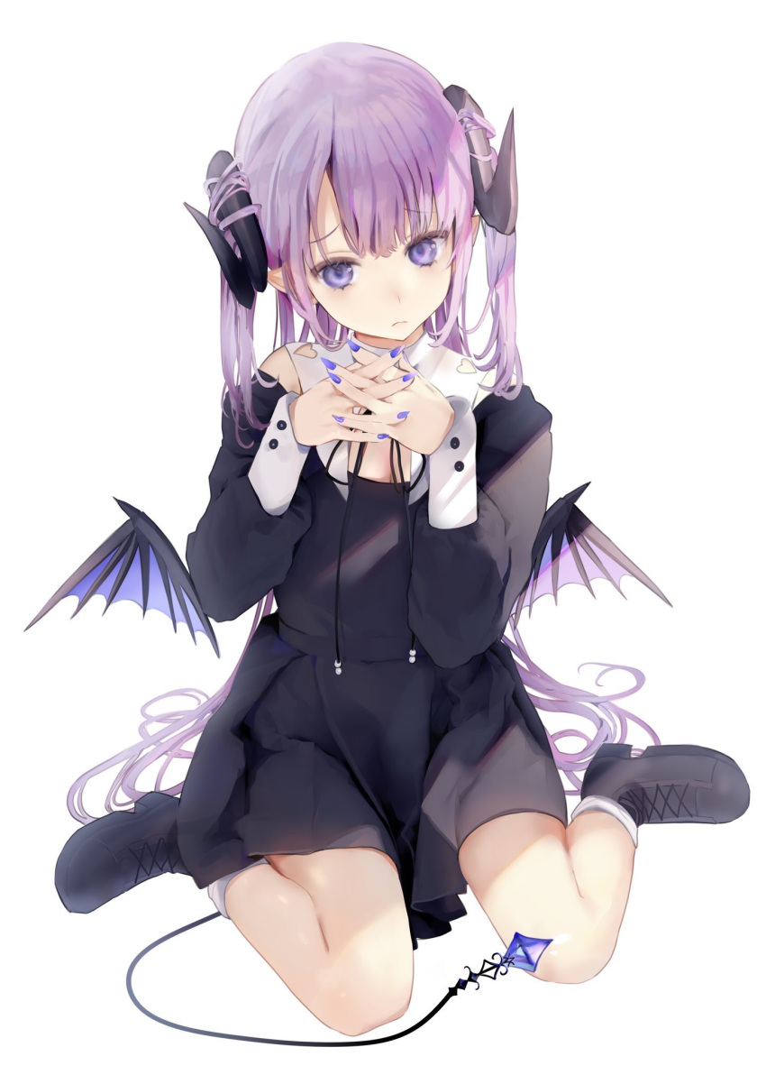 1girl bangs bare_shoulders black_dress black_footwear black_nails blue_nails closed_mouth commentary_request demon_horns demon_tail demon_wings dress eyebrows_visible_through_hair fingernails frown full_body gem hands_up highres horns iijima_masashi interlocked_fingers long_hair long_sleeves looking_at_viewer nail_polish original own_hands_together purple_hair purple_nails sharp_fingernails shirt shoes simple_background sitting socks solo tail twintails violet_eyes wariza white_background white_legwear wings