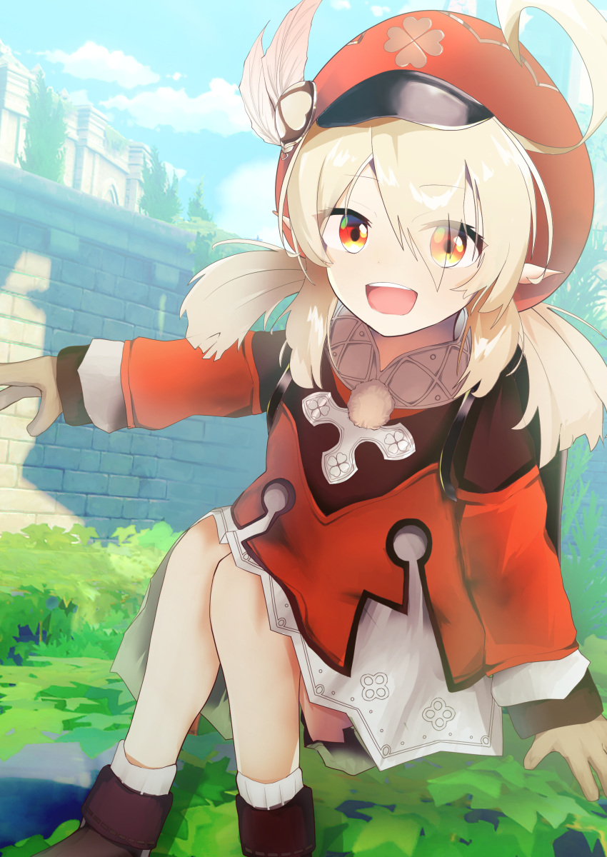 1girl absurdres ahoge bangs beret blonde_hair brown_gloves cabbie_hat commentary_request dress eyebrows_visible_through_hair feathers genshin_impact gloves hat highres klee_(genshin_impact) long_hair long_sleeves looking_at_viewer open_mouth outdoors pointy_ears red_dress red_eyes red_headwear smile solo twenter