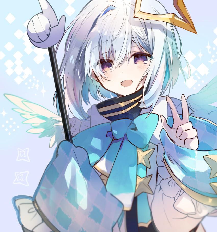 1girl :d amane_kanata bangs blue_background blue_bow blue_hair bow commentary_request cyawa eyebrows_visible_through_hair feathered_wings hair_between_eyes hand_up high_collar highres hololive jacket long_sleeves looking_at_viewer multicolored_hair open_mouth silver_hair sleeves_past_fingers sleeves_past_wrists smile solo sparkle two-tone_hair upper_body violet_eyes virtual_youtuber w white_jacket white_wings wings