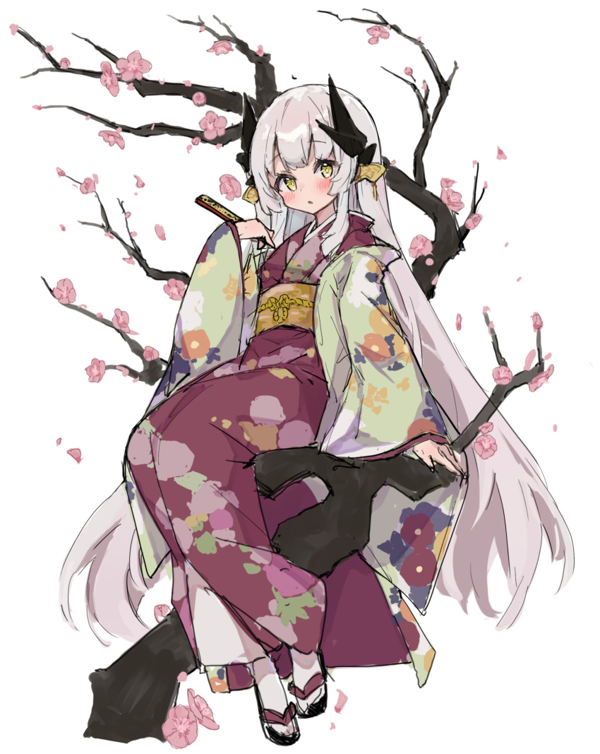 1girl absurdres bangs black_footwear blush brown_kimono commentary_request eyebrows_visible_through_hair fate/grand_order fate_(series) floral_print flower full_body hand_up highres in_tree japanese_clothes kimono kiyohime_(fate/grand_order) long_hair long_sleeves looking_at_viewer mola_mola obi off_shoulder open_clothes parted_lips petals pink_flower print_kimono sash silver_hair simple_background sitting sleeves_past_wrists solo tabi tree very_long_hair white_background white_legwear wide_sleeves yellow_eyes zouri