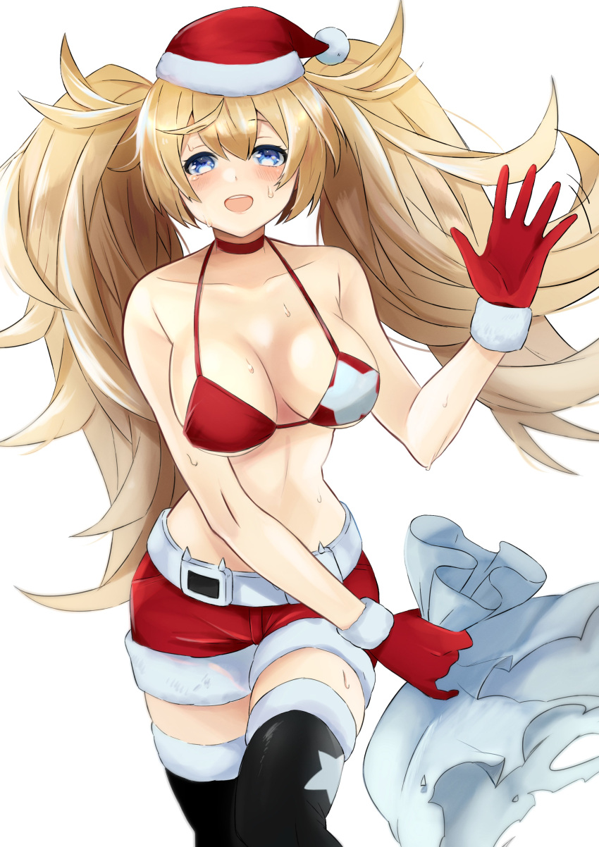 1girl absurdres alternate_costume belt bikini bikini_top black_footwear blonde_hair blue_eyes boots breasts commentary_request feet_out_of_frame fur-trimmed_gloves fur-trimmed_headwear fur-trimmed_legwear fur-trimmed_shorts fur_trim gambier_bay_(kantai_collection) gloves hat highres kantai_collection large_breasts red_bikini red_gloves red_headwear red_shorts santa_hat shorts simple_background solo standing star_(symbol) star_print swimsuit thigh-highs thigh_boots toriniku_senshi_chikinman twintails waving white_background white_belt