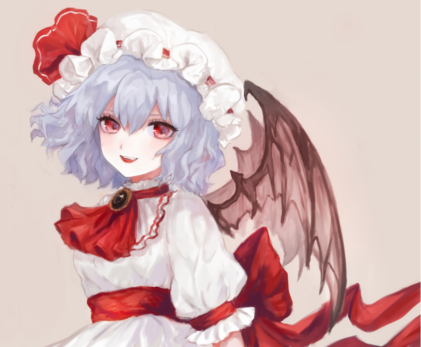 1girl ascot back_bow bat_wings beige_background blush bow breasts brooch commentary_request dress fangs hair_between_eyes hat hat_ribbon highres jewelry kuromitsu_maria light_blue_hair looking_at_viewer mob_cap open_mouth puffy_short_sleeves puffy_sleeves red_bow red_eyes red_neckwear red_ribbon red_sash remilia_scarlet ribbon sash short_hair short_sleeves simple_background small_breasts smile solo standing touhou upper_body white_dress white_headwear wings