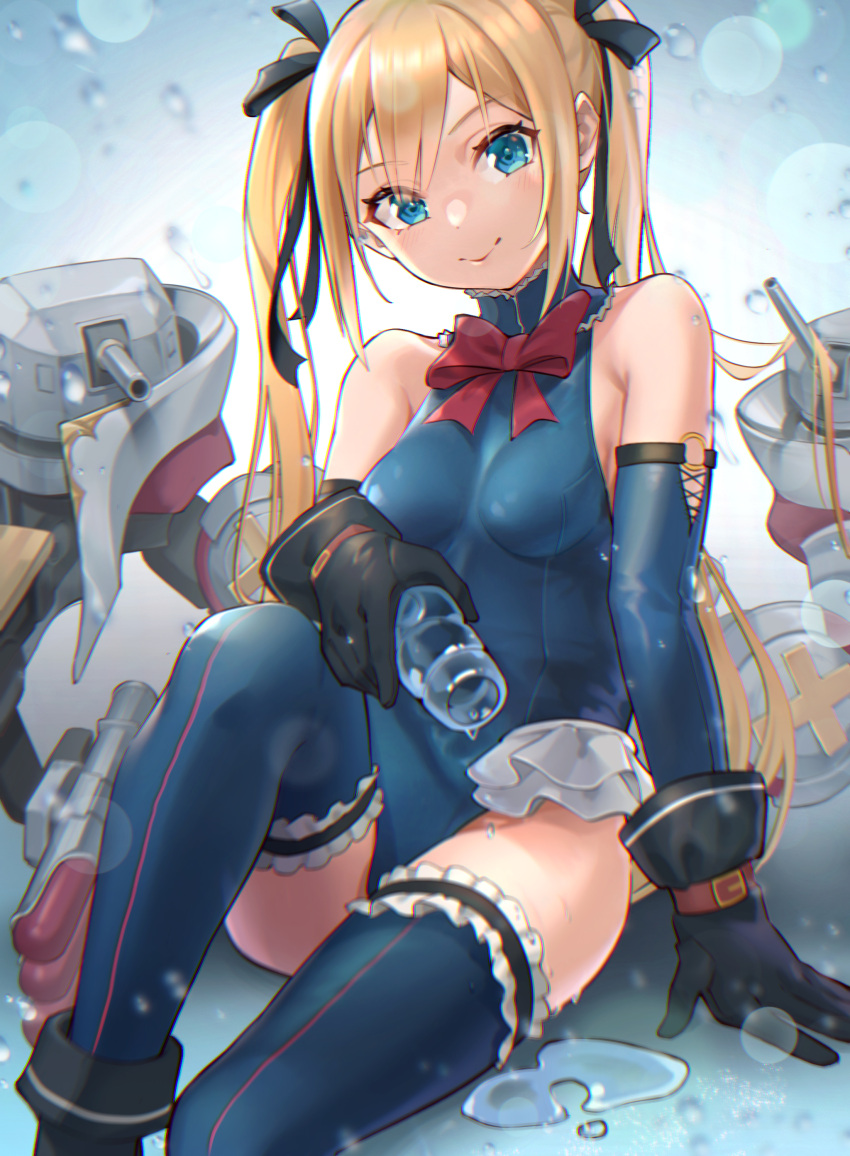 1girl absurdres azur_lane bangs bare_shoulders black_footwear black_gloves black_ribbon blonde_hair blue_eyes blue_legwear blue_leotard bow bowtie breasts dead_or_alive dead_or_alive_5 detached_sleeves eyebrows_visible_through_hair eyes_visible_through_hair gloves hair_ribbon highres joeychen knee_up leotard long_hair long_sleeves looking_at_viewer marie_rose medium_breasts offering puddle red_bow ribbon sitting smile solo thigh-highs thighs twintails weapon