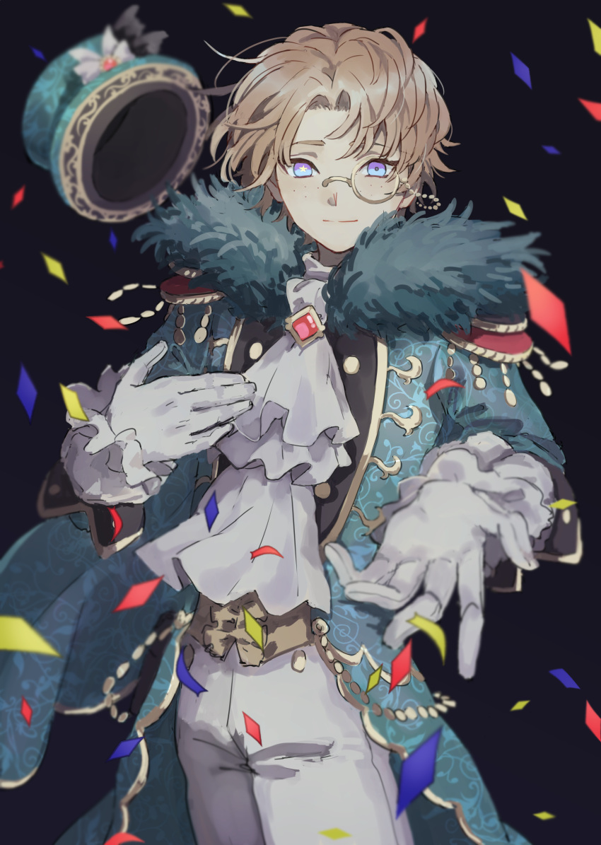 1boy black_background blonde_hair blue_eyes blurry coat coattails confetti cravat depth_of_field epaulettes freckles frilled_sleeves frills fur_trim gloves gumegume hand_on_own_chest hat hat_removed headwear_removed highres identity_v looking_at_viewer male_focus mike_morton monocle outstretched_arm short_hair simple_background smile solo star_(symbol) star_in_eye symbol_in_eye top_hat white_gloves