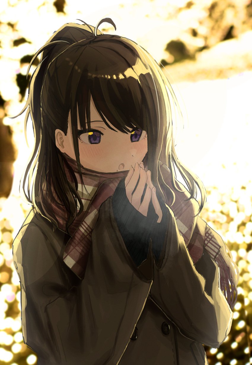 1girl antenna_hair bangs black_hair blush breath coat commentary_request eyebrows_visible_through_hair highres idolmaster idolmaster_shiny_colors kazano_hiori kuro_fjmy lights mole mole_under_mouth open_mouth ponytail scarf violet_eyes warming_hands winter_clothes winter_coat