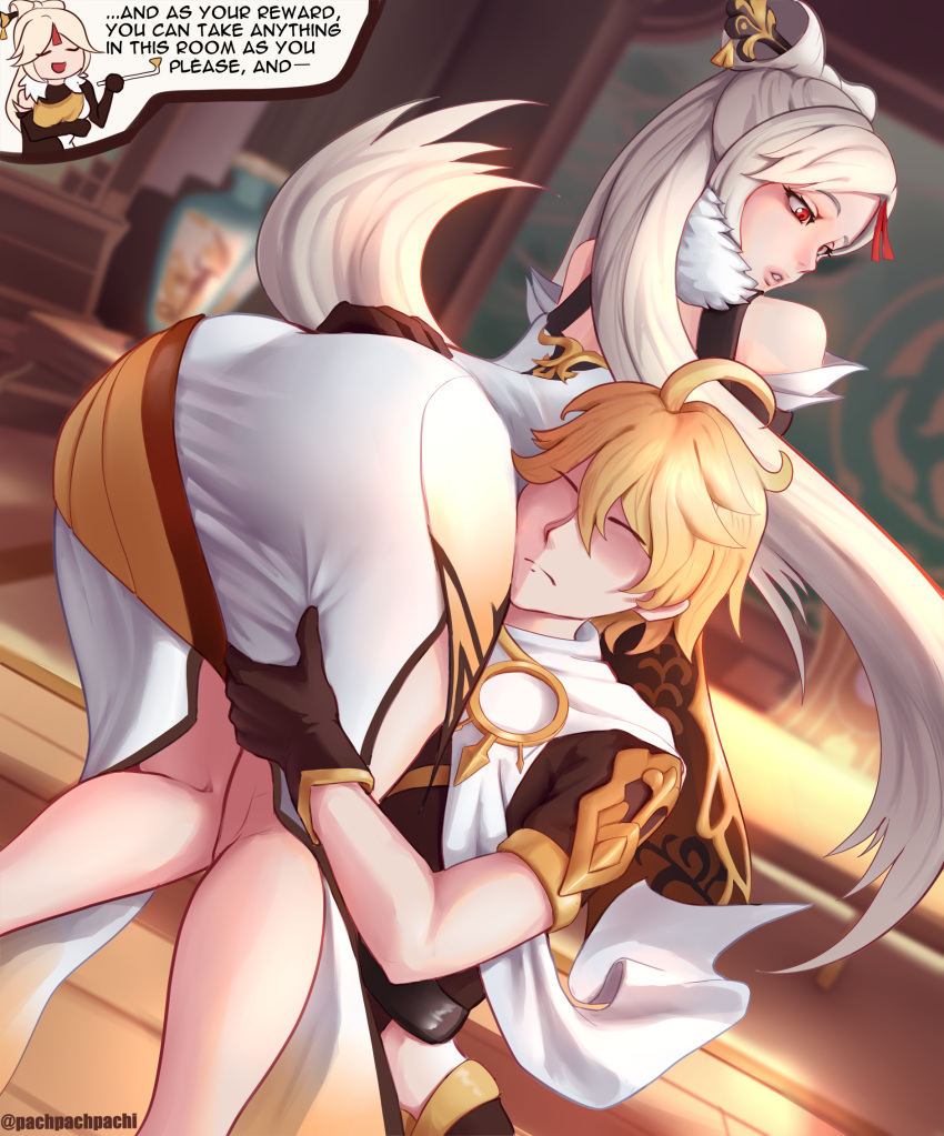 1boy 1girl aether_(genshin_impact) ahoge artist_name bare_shoulders blonde_hair blush braid braided_ponytail carrying china_dress chinese_clothes closed_eyes dress english_text fur_trim genshin_impact gloves hair_ornament half-closed_eyes hetero highres indoors long_hair ningguang over_shoulder pachpachpach parted_lips pipe red_eyes scarf shaded_face short_sleeves surprised tied_hair white_dress white_hair white_scarf