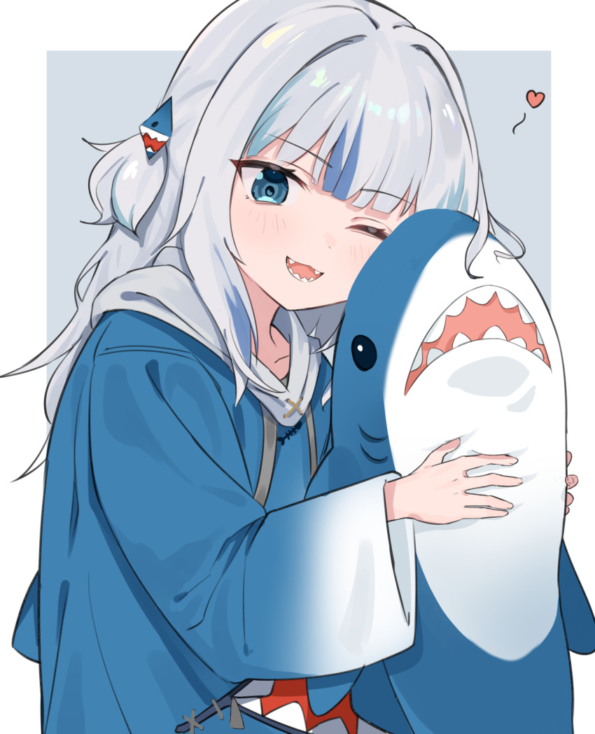 1girl bangs blue_eyes blue_hair blue_hoodie blunt_bangs gawr_gura hair_ornament highres hololive hololive_english holomyth hood hoodie medium_hair multicolored_hair one_eye_closed open_mouth poyano shark_girl shark_hair_ornament shark_print sharp_teeth silver_hair sleeves_past_wrists solo streaked_hair stuffed_toy teeth two_side_up virtual_youtuber wide_sleeves