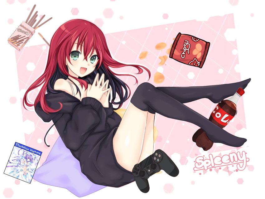 1girl black_dress black_hair black_legwear black_skirt chips cola controller dress food full_body game_console green_eyes highres hood hoodie long_hair looking_at_viewer multicolored_hair neptune_(series) original over-kneehighs pillow pink_background playstation redhead skirt smile soda_bottle spleeny thigh-highs two-tone_hair