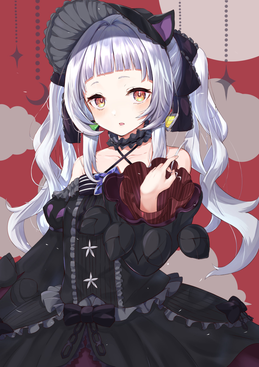 1girl absurdres animal_ears appo_(36786257) bangs bare_shoulders black_bow black_dress black_headwear blunt_bangs blush bonnet bow breasts cat_ears choker collarbone commentary_request cowboy_shot dress eyelashes fake_animal_ears frilled_dress frills gothic_lolita hand_up highres hololive lolita_fashion long_hair long_sleeves looking_at_viewer murasaki_shion official_alternate_costume open_mouth orange_eyes puffy_sleeves shadow shiny shiny_hair sidelocks silver_hair small_breasts solo twintails virtual_youtuber