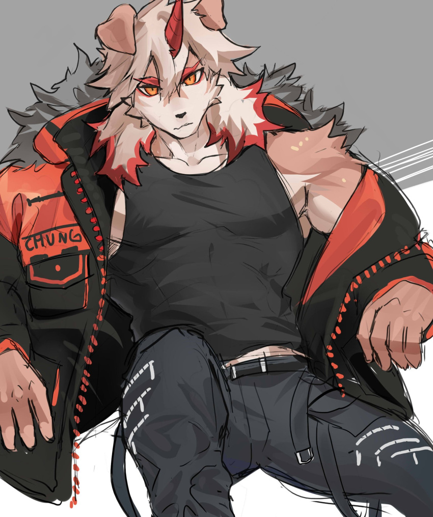 1boy animal_ears ao_(chung0u0) arknights bangs belt black_pants black_tank_top brown_fur dog_boy dog_ears dog_tail furry highres horns hung_(arknights) jacket leg_up male_focus medium_hair multicolored_hair muscle open_clothes open_jacket orange_eyes orange_hair orange_jacket pants pectorals red_horns single_bare_shoulder single_horn sketch solo streaked_hair tail tank_top two-tone_fur white_fur white_hair