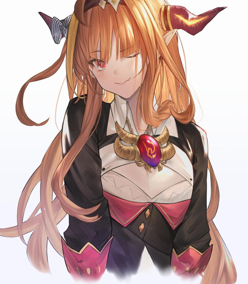 1girl alternate_breast_size bangs betabeet blonde_hair cleavage_cutout clothing_cutout collared_shirt cropped_torso dragon_horns eyebrows_visible_through_hair flat_chest grey_background highres hololive horns kiryuu_coco long_hair long_pointy_ears looking_at_viewer multicolored_hair one_eye_closed pointy_ears red_eyes shirt solo streaked_hair very_long_hair virtual_youtuber