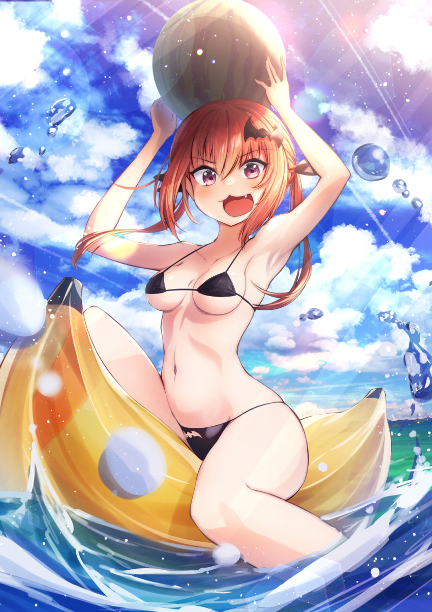 &gt;:3 1girl :3 alternate_costume armpits arms_up banana_boat bangs bare_shoulders bat_cutout bat_hair_ornament bikini black_bikini black_ribbon blue_sky blush breasts clothing_cutout clouds cluseller collarbone commentary_request day fang food fruit gabriel_dropout hair_ornament hair_ribbon happy highres holding inflatable_raft knee_up kurumizawa_satanichia_mcdowell lens_flare light_particles light_rays long_hair looking_at_viewer medium_breasts navel object_on_head ocean open_mouth orange_hair outdoors pink_eyes ribbon riding shiny shiny_skin sidelocks sitting sky smile solo stomach string_bikini sunlight swimsuit tied_hair twintails under_boob v-shaped_eyebrows water watermelon