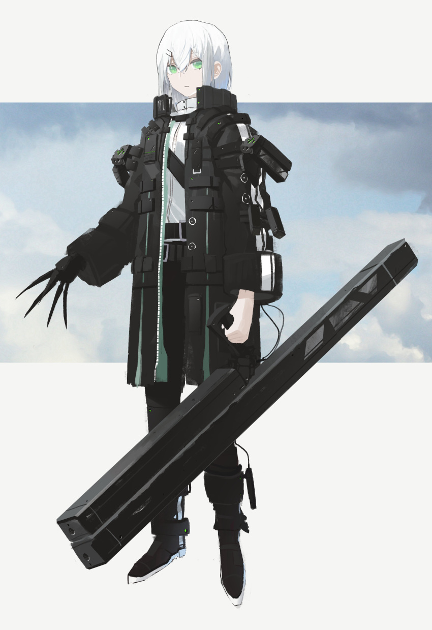 1girl absurdres asteroid_ill belt black_coat black_legwear black_pants boots clouds coat expressionless full_body green_eyes hair_ornament hairclip high_collar highres holding holding_weapon iz_(asteroid_ill) jacket long_hair mechanical_arm neon_trim number numbered open_clothes open_coat original pants shirt solo standing straight_hair weapon white_hair white_shirt wire zipper