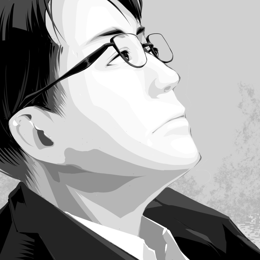 1boy closed_mouth cluseller collared_shirt commentary english_commentary face from_side glasses grey_background greyscale highres jacket male_focus monochrome original realistic shirt short_hair simple_background solo