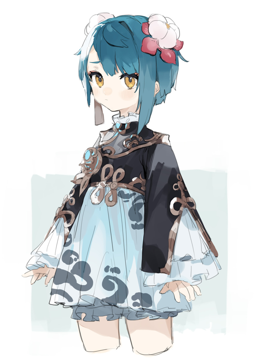 1boy absurdres alternate_costume bangs blue_hair closed_mouth cropped_legs crossdressinging dress earrings flower frilled_dress frills genshin_impact hair_flower hair_ornament highres jewelry long_sleeves male_focus sh_(562835932) simple_background single_earring solo two-tone_background xingqiu_(genshin_impact) yellow_eyes
